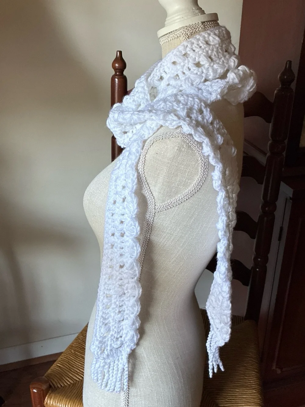 White Handmade Basketweave Eyelet Crochet Fringe Scarf - NEW